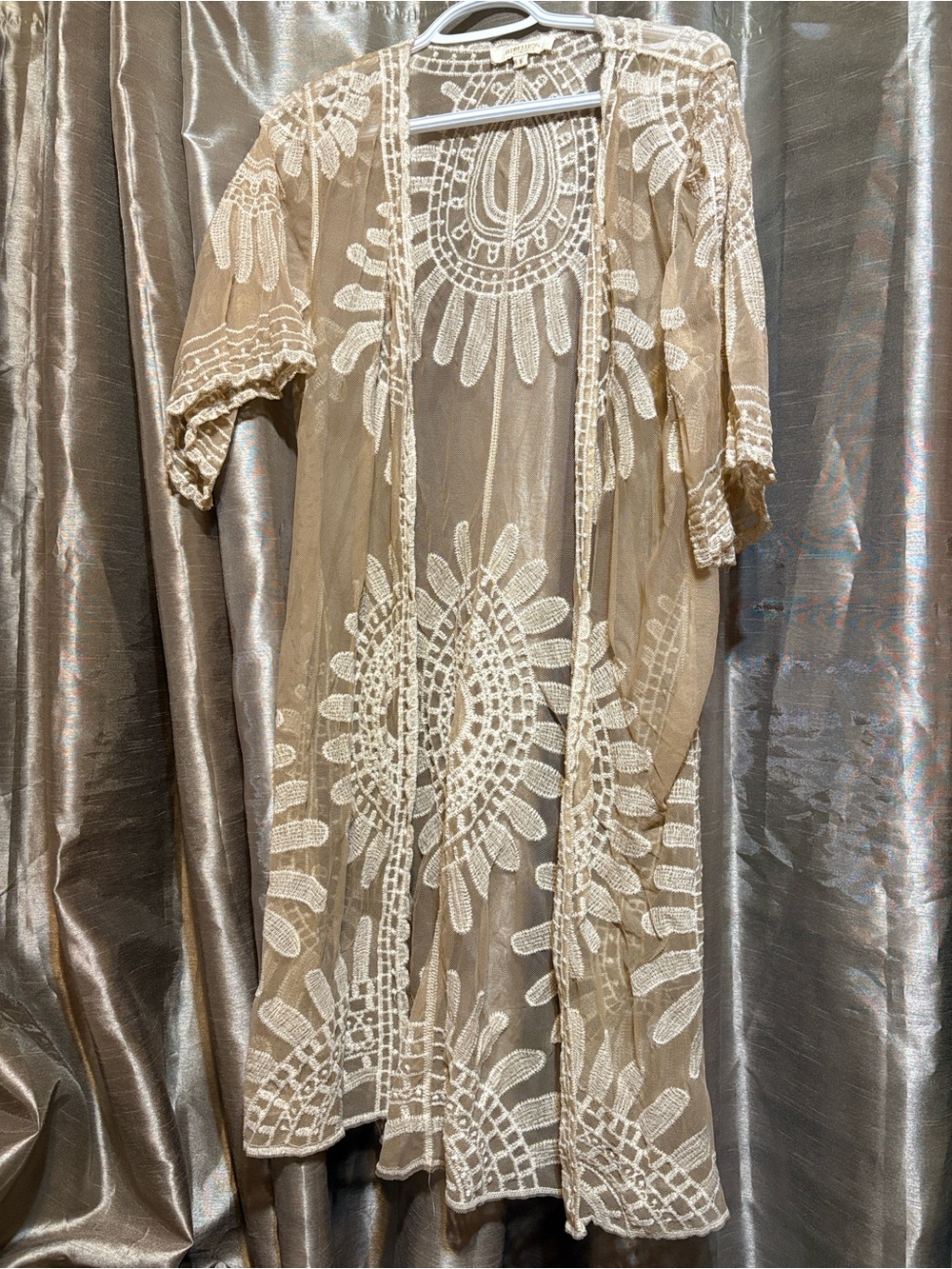 Embroidered Sheer Beige Lace Kimono
